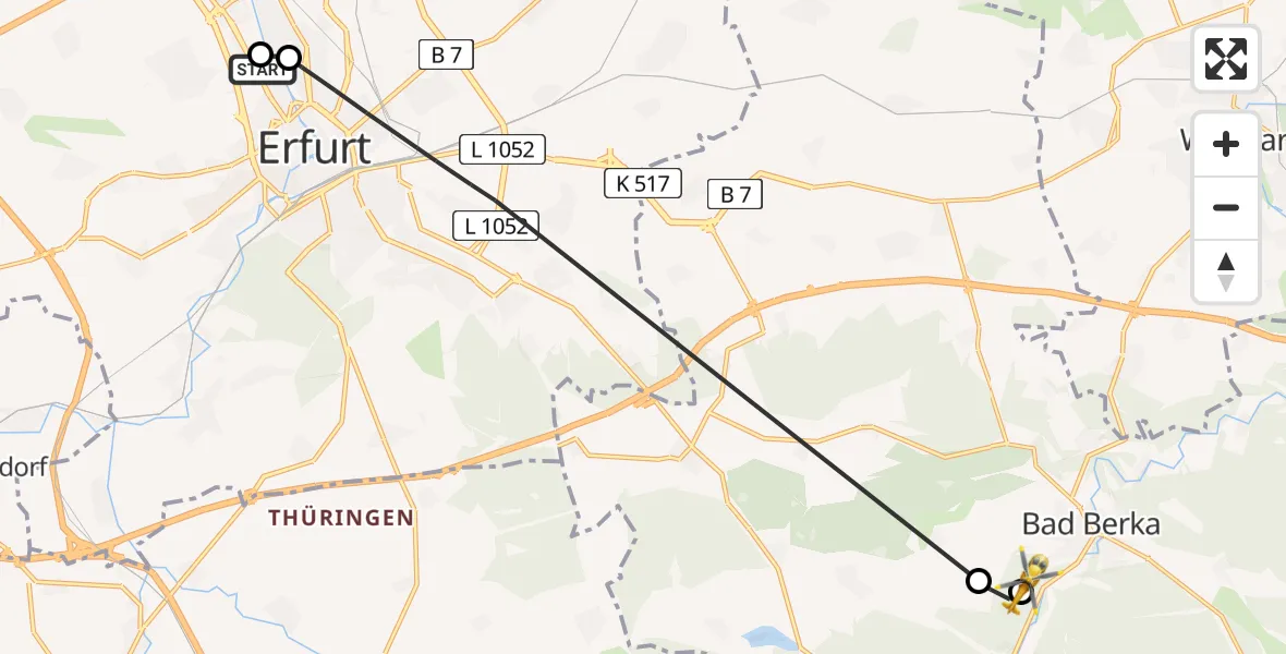 Flugroute Ambulanzhubschrauber Helios Clinic Erfurt - DRF Rettungsstation Bad Berka Hubschrauberlandeplatz, 01 Juni 2026, 15:54