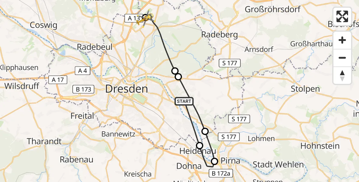 Flugroute Rettungshubschrauber Dresden - Dresden Bundespolizei Hubschrauberlandeplatz, 01 Juni 2026, 16:02