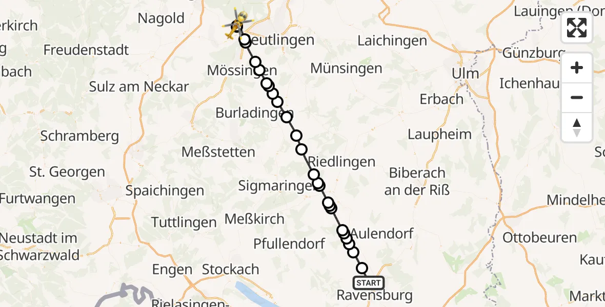 Flugroute Rettungshubschrauber Berg - Tübingen University Hospital, 01 Juni 2026, 16:02
