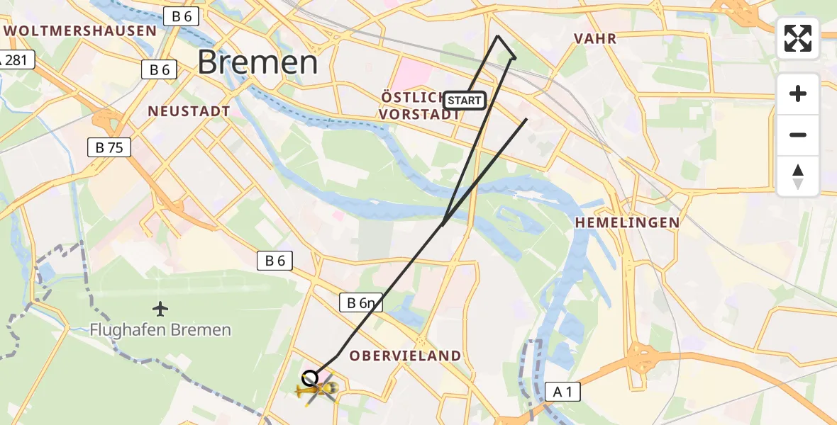 Flugroute Rettungshubschrauber Bremen - ADAC Air Rescue Station Bremen Hubschrauberlandeplatz (Christoph 6), 01 Juni 2026, 16:02