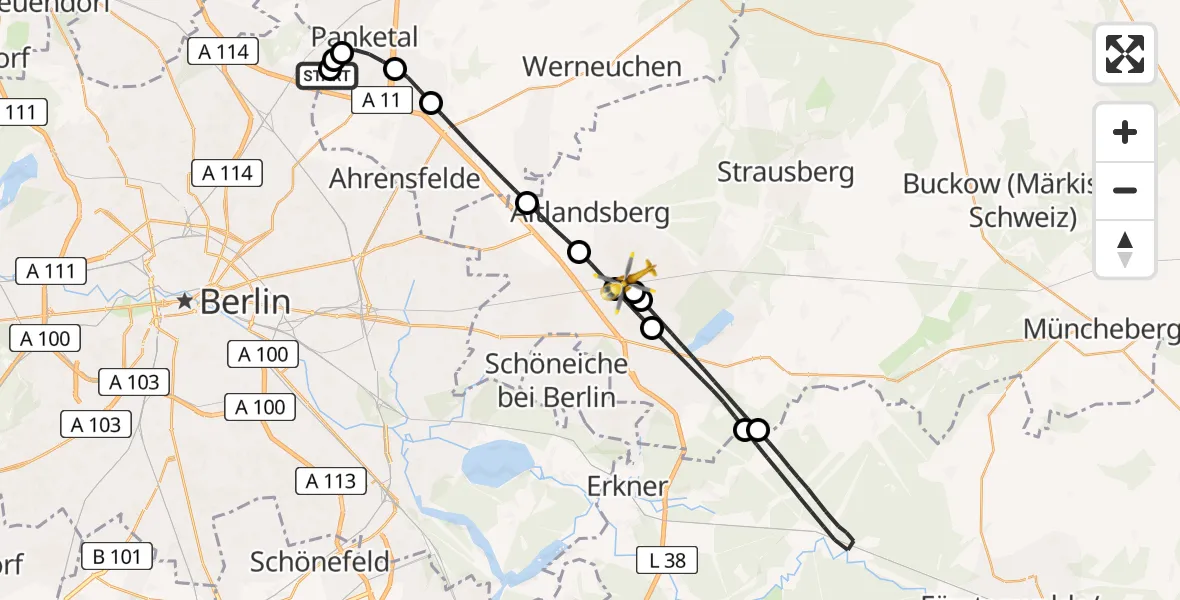 Flugroute Rettungshubschrauber Helios Clinic Berlin-Buch - Fredersdorf-Vogelsdorf, 01 Juni 2026, 16:07