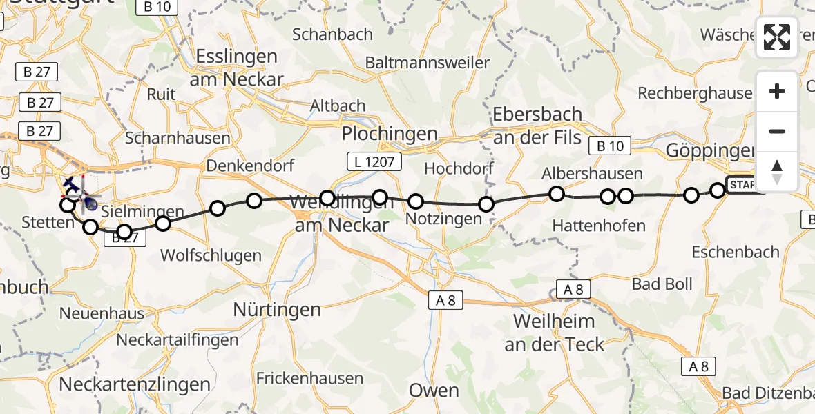 Flugroute Polizeihubschrauber Göppingen - Flughafen Stuttgart, 01 Juni 2026, 16:08