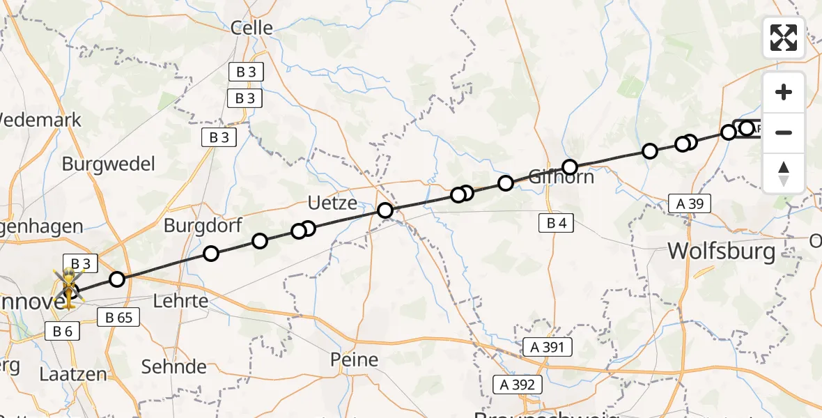 Flugroute Rettungshubschrauber Bergfeld - Hannover Luftrettung Hubschrauberlandeplatz (Christoph 4), 01 Juni 2026, 16:18