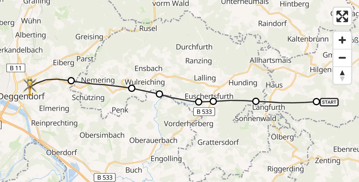 Flugroute Rettungshubschrauber Innernzell - Deggendorf, 01 Juni 2026, 16:20