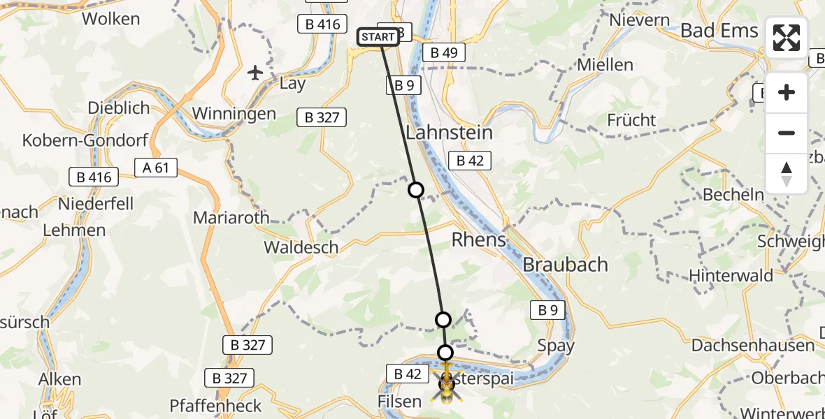 Flugroute Rettungshubschrauber Koblenz - Freiwillige Feuerwehr Osterspai Hubschrauberlandeplatz, 01 Juni 2026, 16:20
