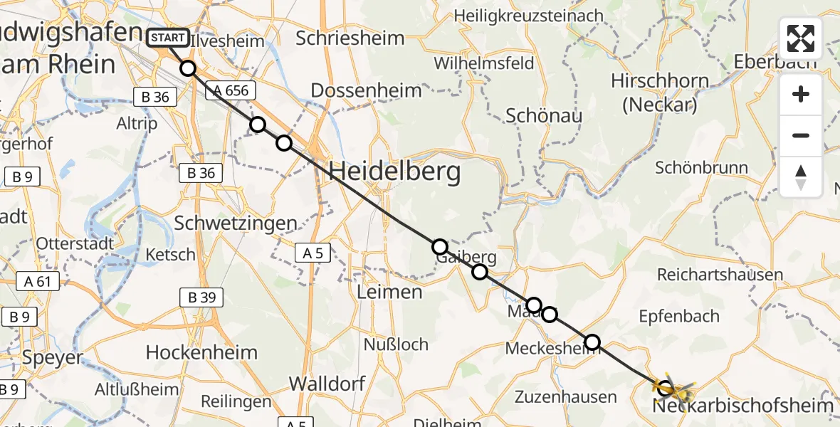 Flugroute Rettungshubschrauber Mannheim-City Flughafen - Waibstadt, 01 Juni 2026, 16:20