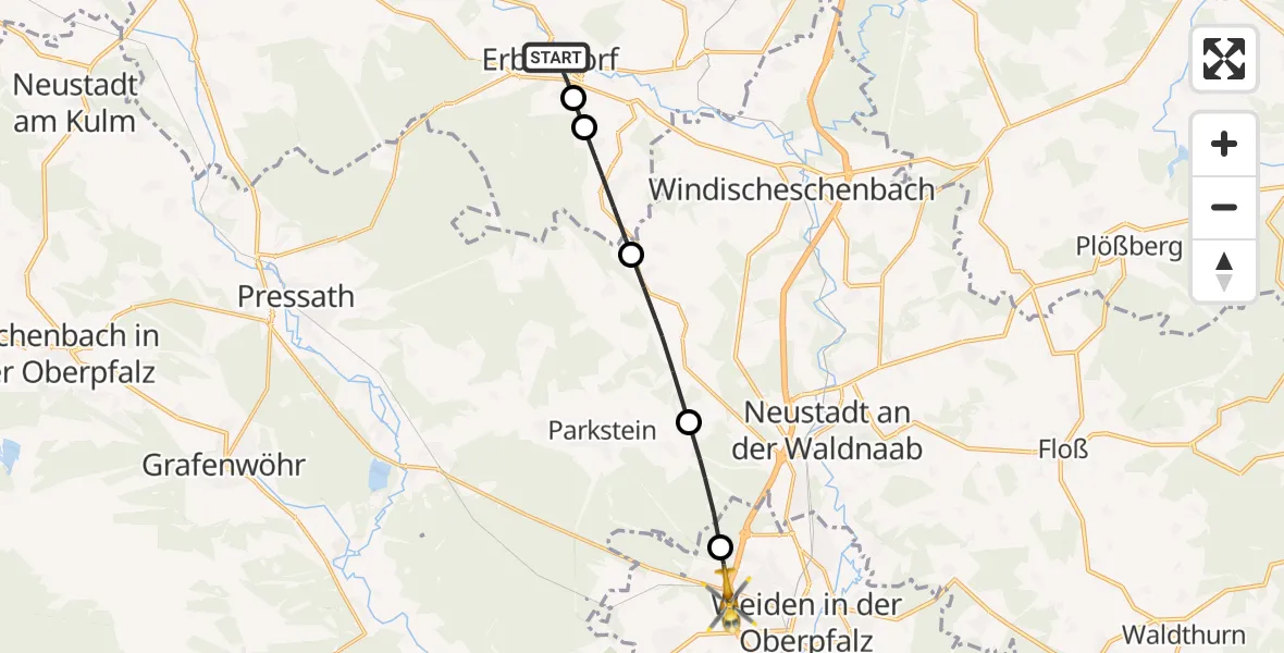 Flugroute Rettungshubschrauber Erbendorf - Weiden i.d.OPf., 01 Juni 2026, 16:20