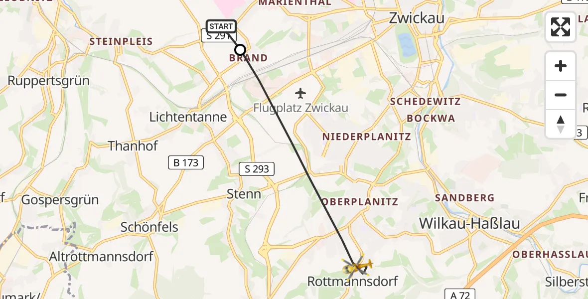 Flugroute Rettungshubschrauber ADAC Air Rescue Station Zwickau Hubschrauberlandeplatz - Zwickau, 01 Juni 2026, 16:23