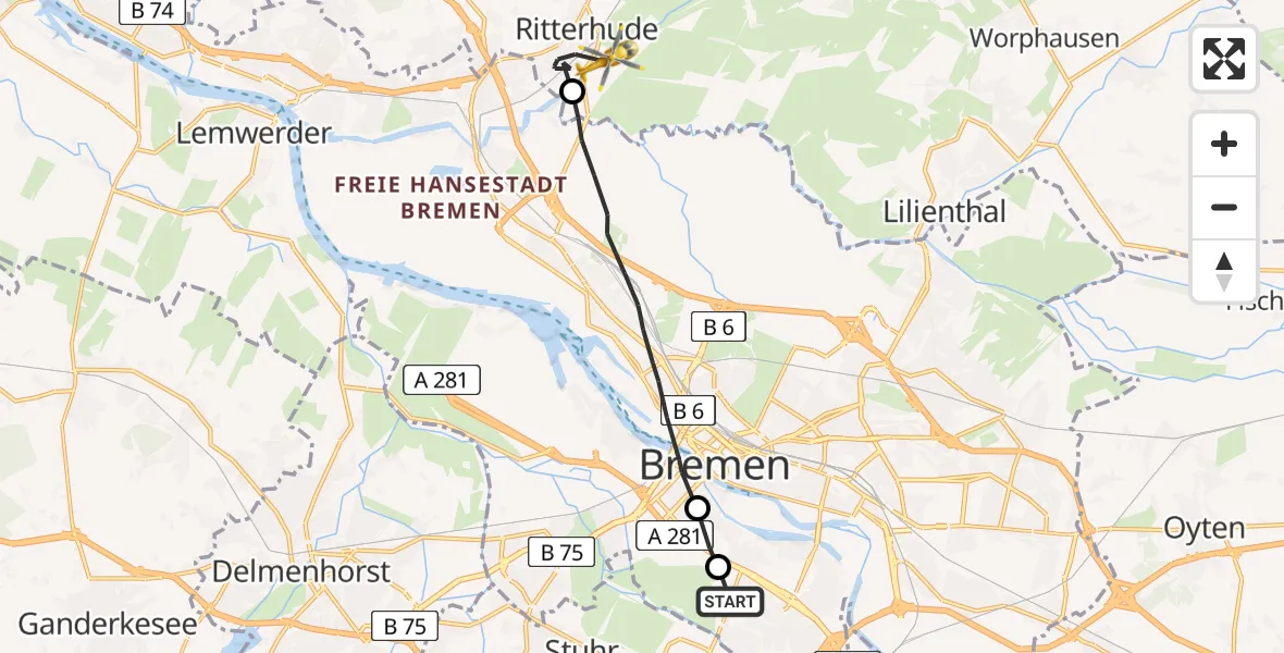 Flugroute Rettungshubschrauber Bremen - Ritterhude, 01 Juni 2026, 16:24