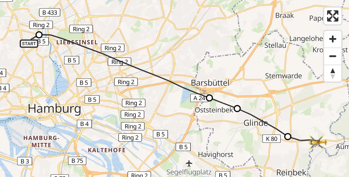 Flugroute Rettungshubschrauber Universitätsklinikum Hamburg-Eppendorf Hubschrauberlandeplatz - Reinbek, 01 Juni 2026, 16:27