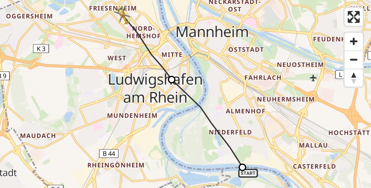 Flugroute Rettungshubschrauber Altrip - Ludwigshafen am Rhein, 01 Juni 2026, 16:36