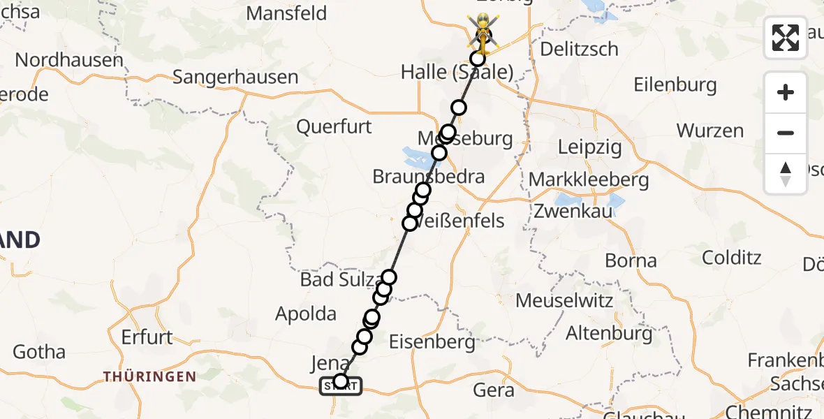 Flugroute Rettungshubschrauber Jena University Hospital - Halle-Oppin Flugplatz, 01 Juni 2026, 16:36