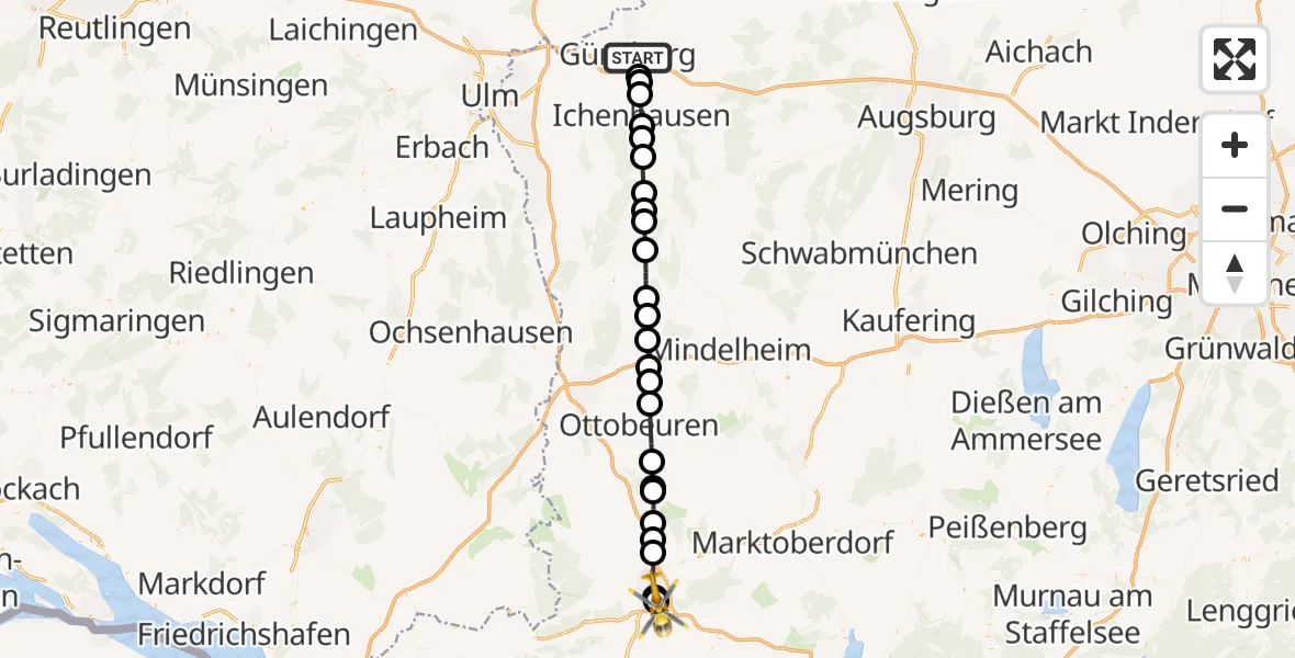 Flugroute Rettungshubschrauber Günzburg - Kempten-Durach Flugplatz, 01 Juni 2026, 16:53