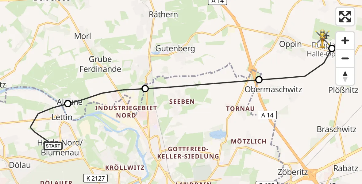 Flugroute Rettungshubschrauber Halle (Saale) - Halle-Oppin Flugplatz, 01 Juni 2026, 16:59