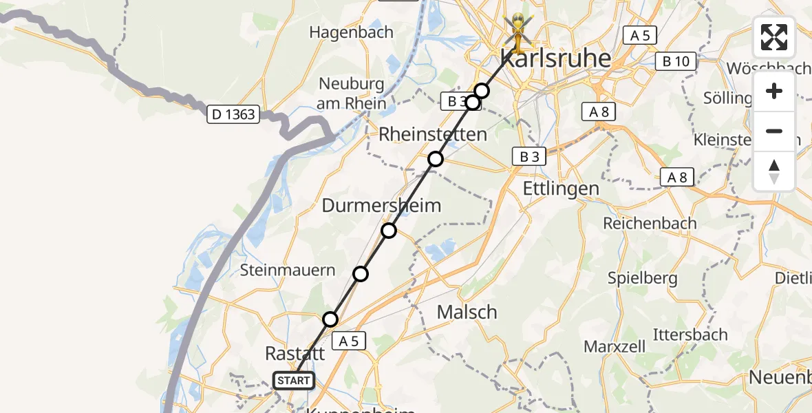 Flugroute Ambulanzhubschrauber Rastatt - Karlsruhe, 01 Juni 2026, 16:59