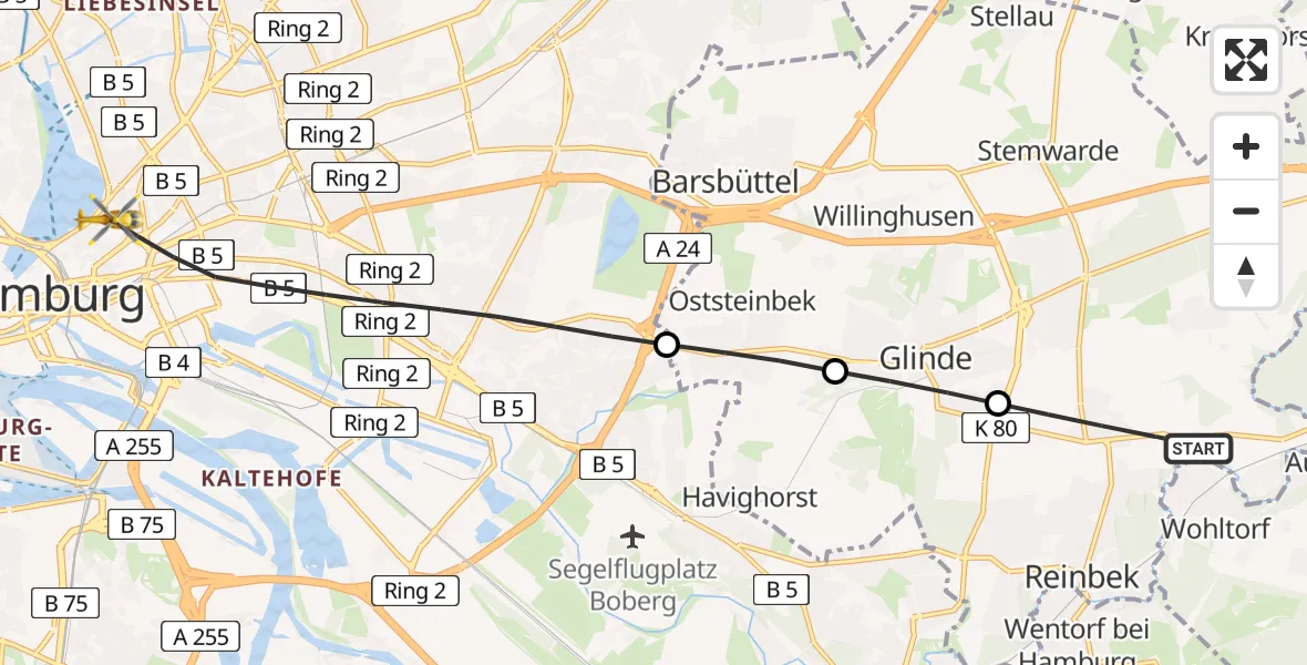 Flugroute Rettungshubschrauber Reinbek - Hamburg, 01 Juni 2026, 17:03