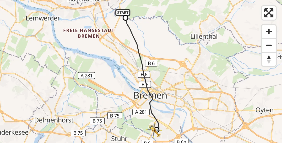 Flugroute Rettungshubschrauber Ritterhude - ADAC Air Rescue Station Bremen Hubschrauberlandeplatz (Christoph 6), 01 Juni 2026, 17:05
