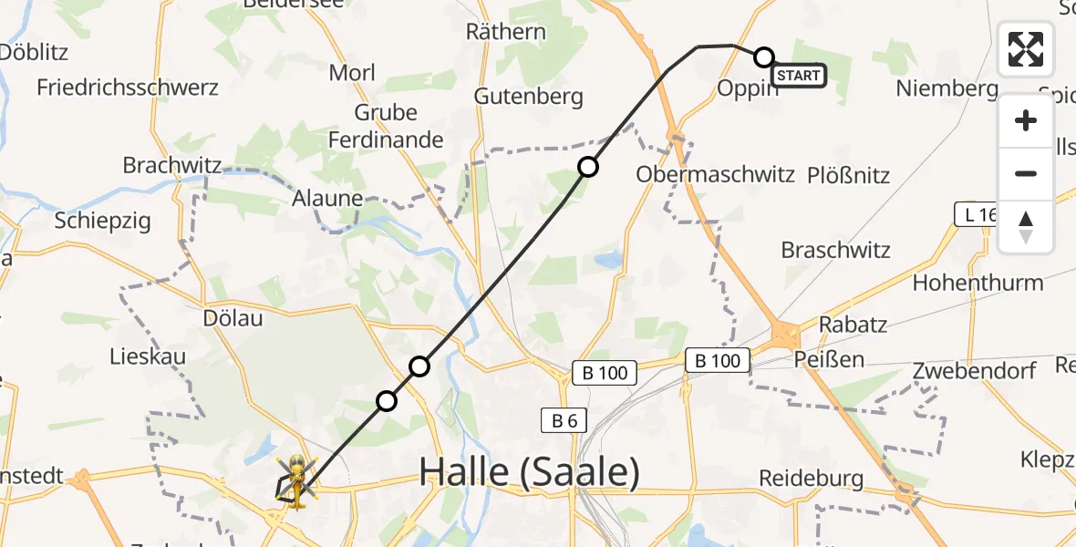 Flugroute Rettungshubschrauber Halle-Oppin Flugplatz - Halle (Saale), 01 Juni 2026, 17:23