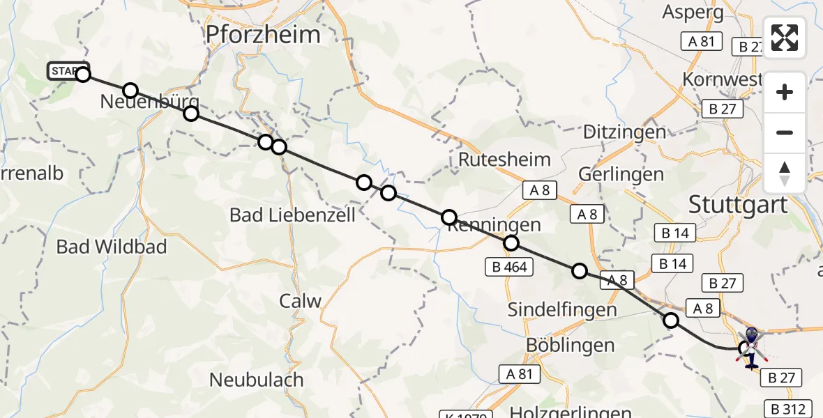 Flugroute Polizeihubschrauber Karlsbad - Flughafen Stuttgart, 01 Juni 2026, 17:27