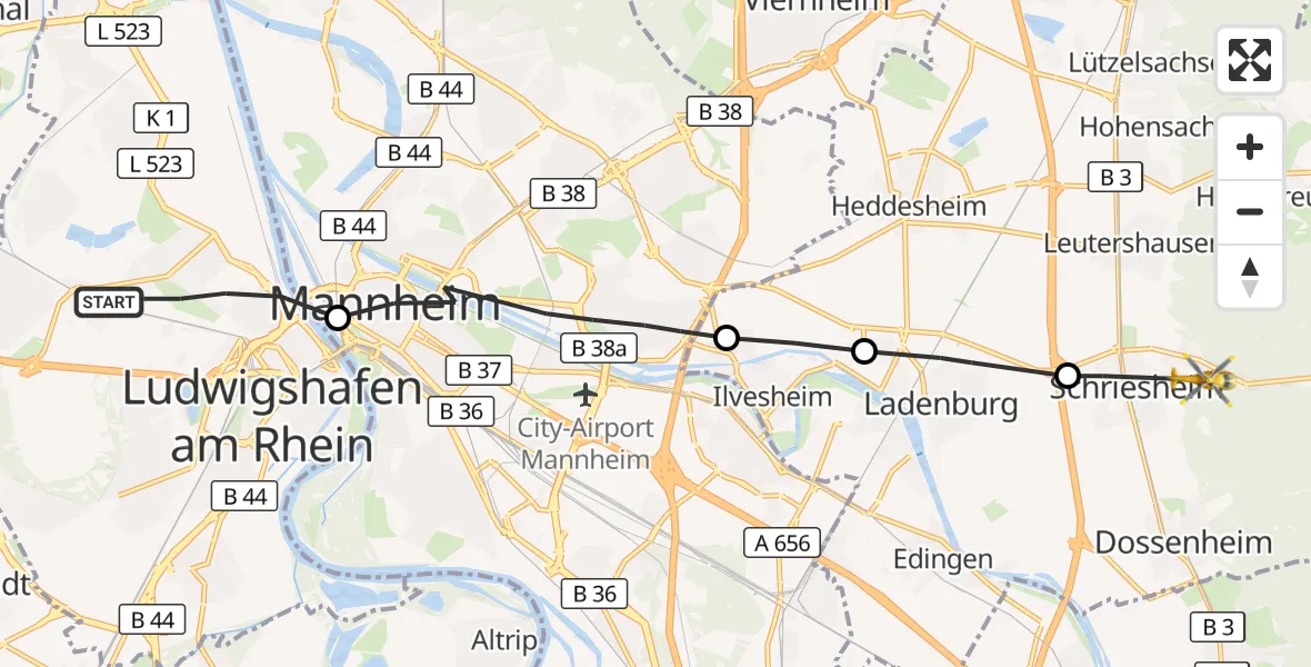 Flugroute Rettungshubschrauber Ludwigshafen am Rhein - Schriesheim, 01 Juni 2026, 17:44