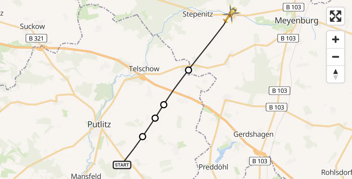 Flugroute Rettungshubschrauber Putlitz - Marienfließ, 01 Juni 2026, 17:50