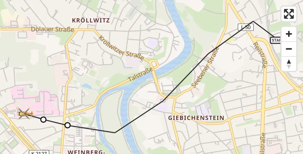 Flugroute Rettungshubschrauber Halle (Saale) - Halle (Saale) University Hospital, 01 Juni 2026, 17:52