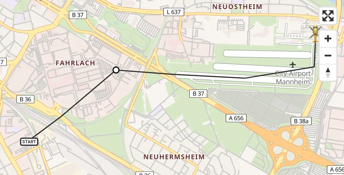 Flugroute Rettungshubschrauber Mannheim - Mannheim-City Flughafen, 01 Juni 2026, 18:01