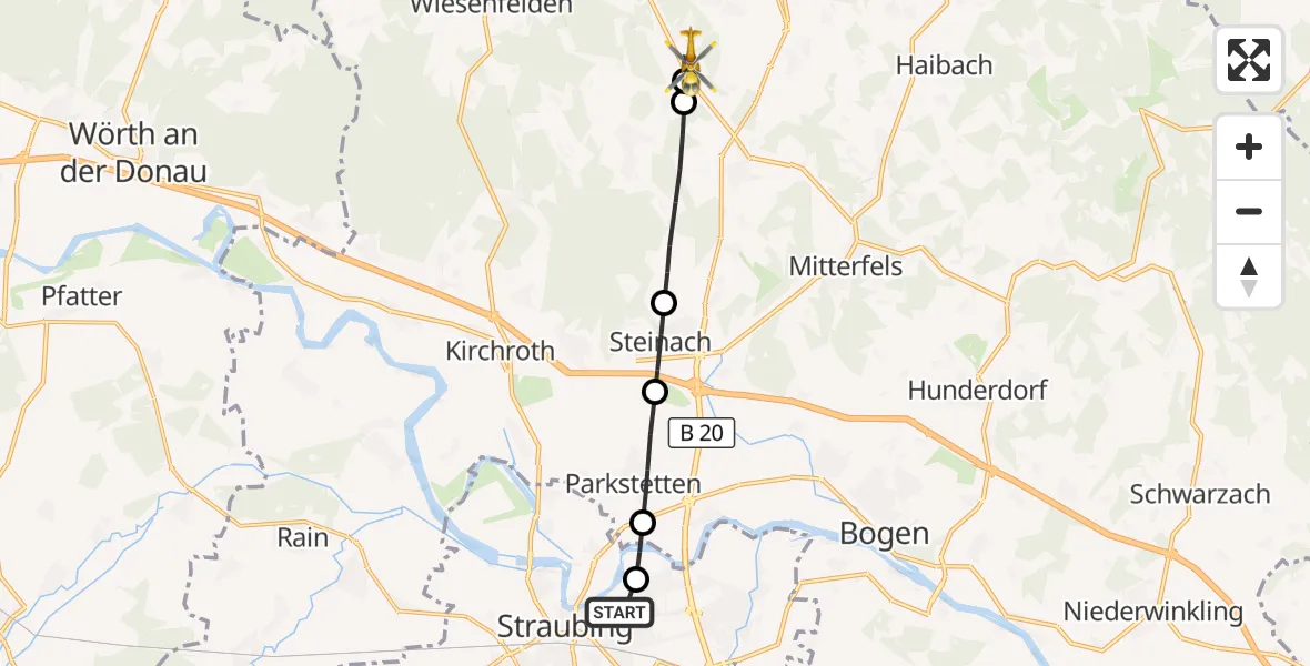 Flugroute Rettungshubschrauber Sankt Elisabeth Hospital Straubing - Rattiszell, 01 Juni 2026, 18:04