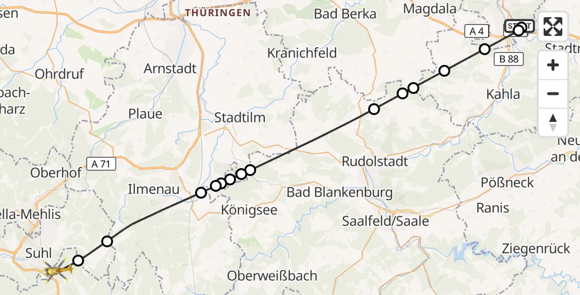 Flugroute Rettungshubschrauber Jena University Hospital - Schleusingen, 01 Juni 2026, 18:05
