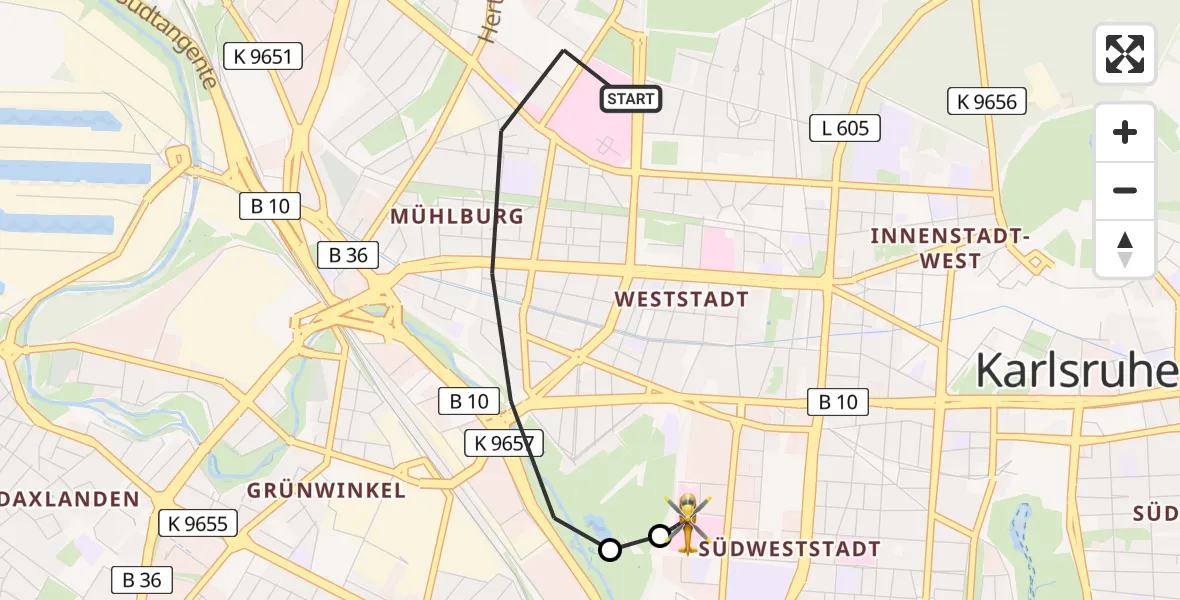 Flugroute Ambulanzhubschrauber Karlsruhe - Sankt Vincentius Hospital, 01 Juni 2026, 18:06