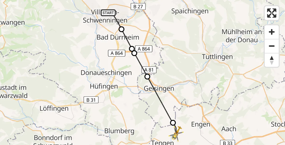 Flugroute Ambulanzhubschrauber Villingen-Schwenningen - Tengen, 01 Juni 2026, 18:06