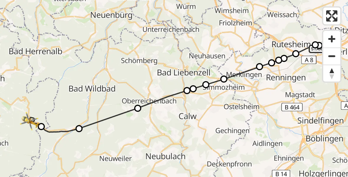 Flugroute Rettungshubschrauber Leonberg Hospital - Gernsbach, 01 Juni 2026, 18:07