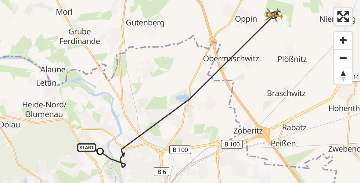 Flugroute Rettungshubschrauber Halle (Saale) University Hospital - Halle-Oppin Flugplatz, 01 Juni 2026, 18:11