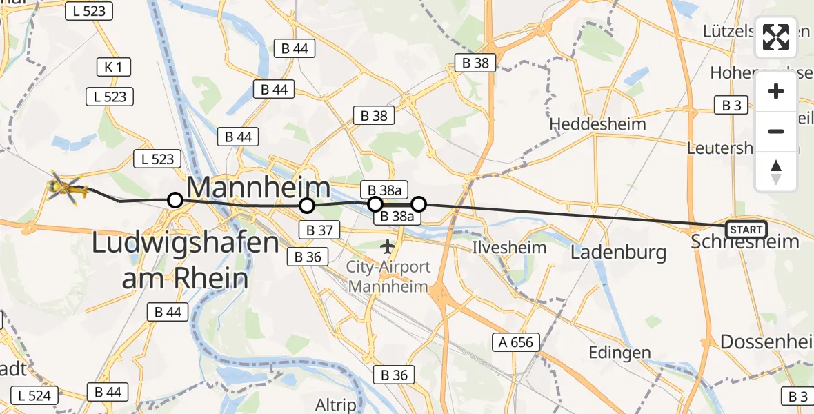 Flugroute Rettungshubschrauber Schriesheim - Ludwigshafen Accident Hospital Hubschrauberlandeplatz, 01 Juni 2026, 18:15