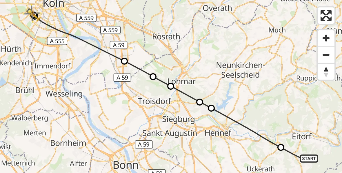 Flugroute Rettungshubschrauber Eitorf - Köln University Hospital, 01 Juni 2026, 18:25