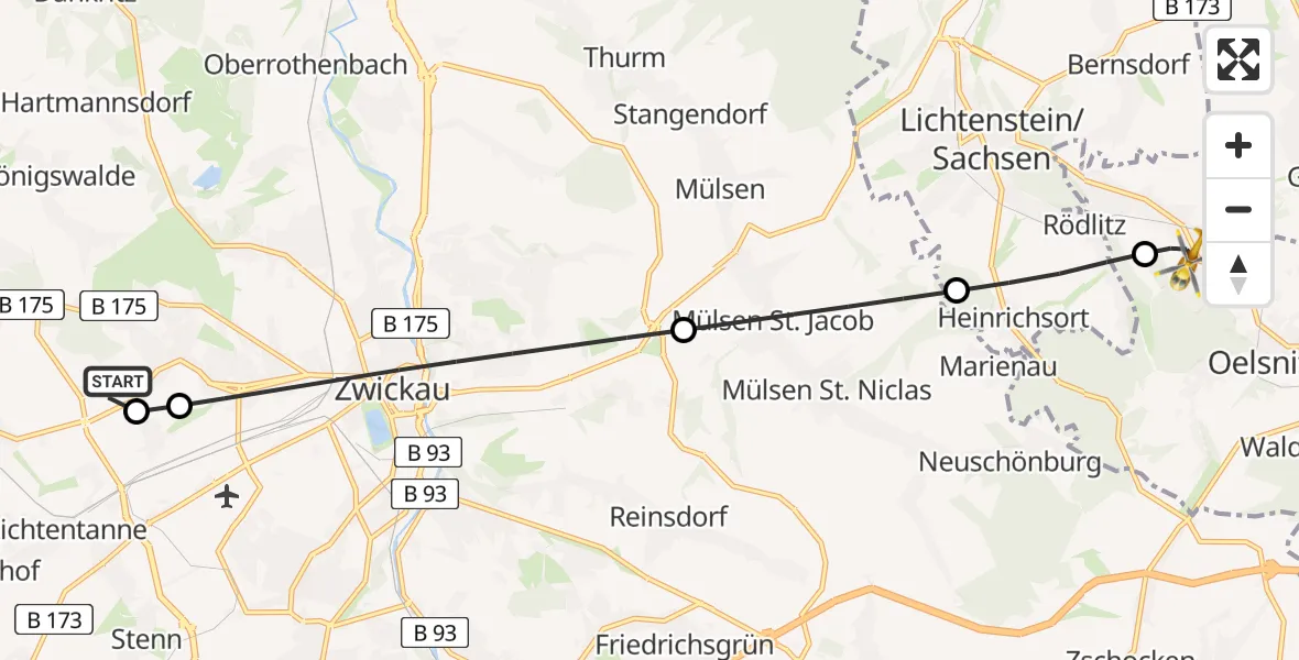 Flugroute Rettungshubschrauber ADAC Air Rescue Station Zwickau Hubschrauberlandeplatz - Hohndorf, 01 Juni 2026, 18:27