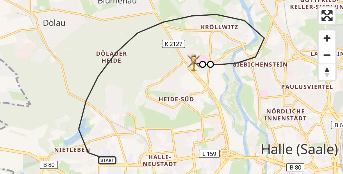 Flugroute Rettungshubschrauber Halle (Saale) - Halle (Saale) University Hospital, 01 Juni 2026, 18:43