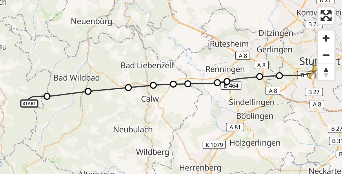 Flugroute Rettungshubschrauber Gernsbach - Stuttgart, 01 Juni 2026, 18:45