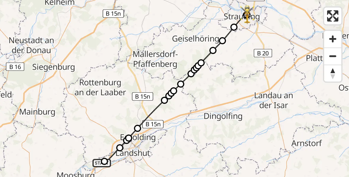 Flugroute Rettungshubschrauber Landshut Flugplatz - Sankt Elisabeth Hospital Straubing, 01 Juni 2026, 18:49