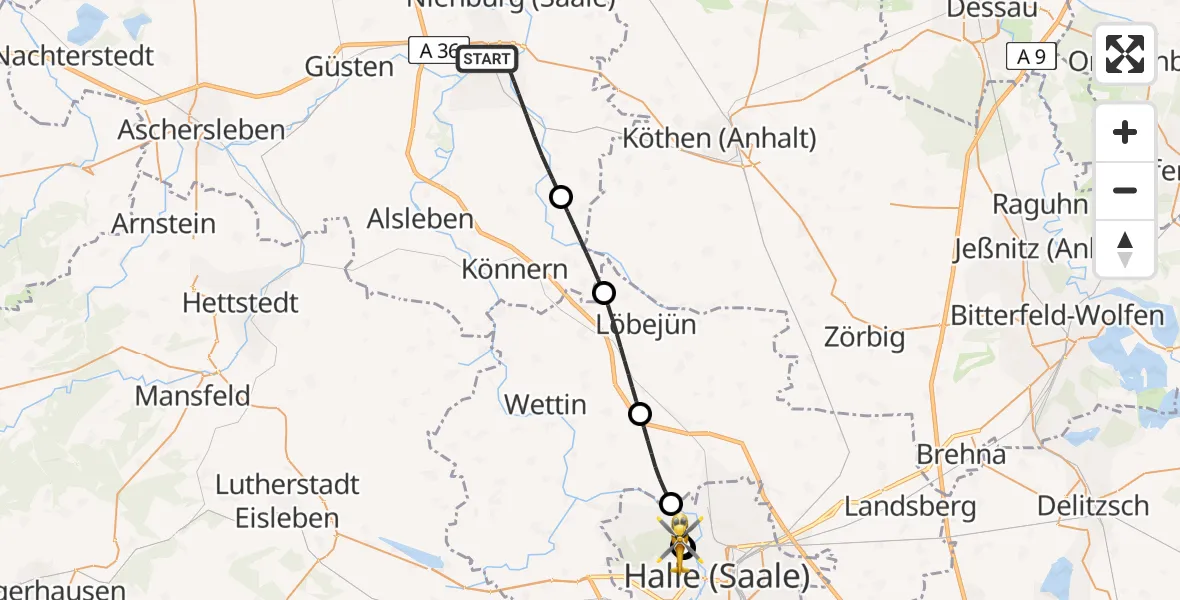 Flugroute Rettungshubschrauber Bernburg (Saale) - Halle (Saale) University Hospital, 01 Juni 2026, 18:53