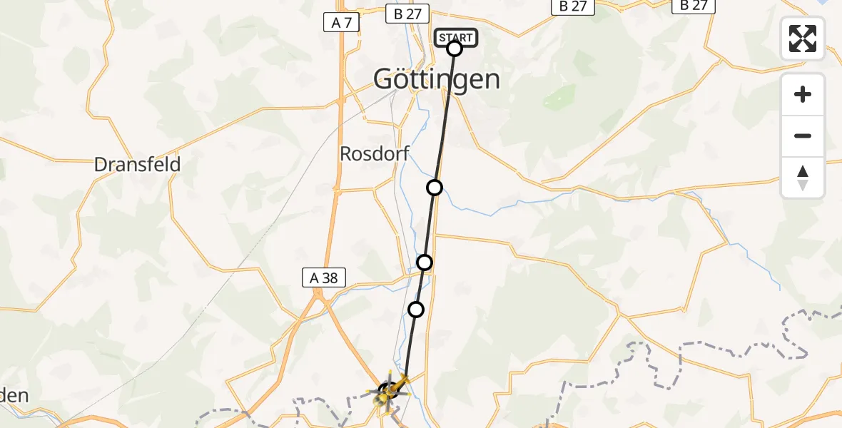 Flugroute Rettungshubschrauber Göttingen University Clinic Hubschrauberlandeplatz - Friedland, 01 Juni 2026, 18:55