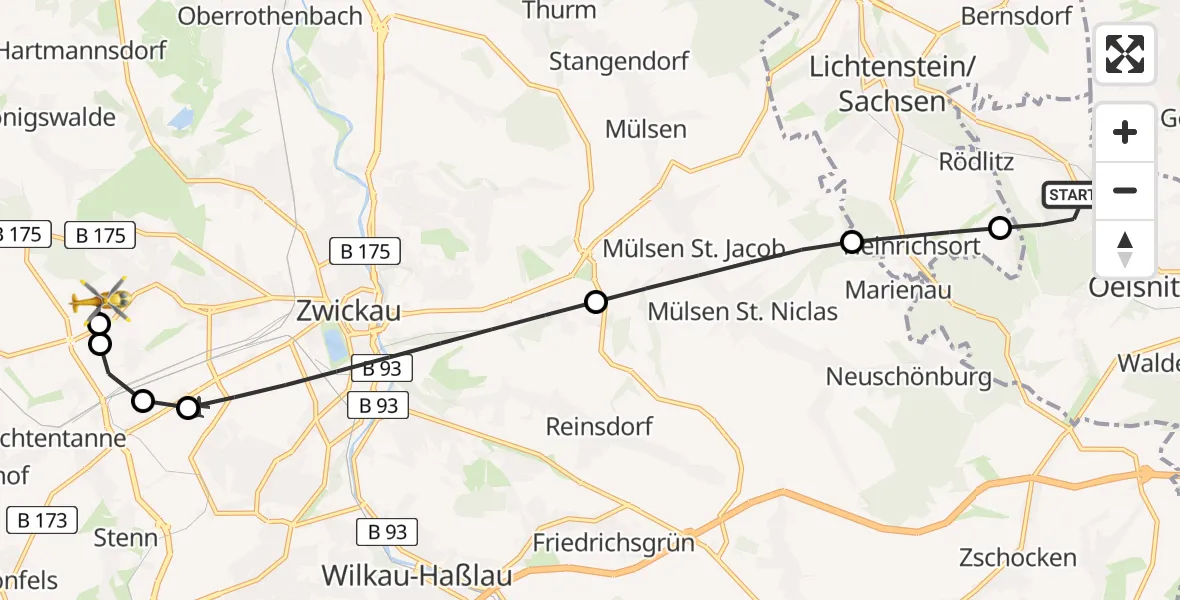 Flugroute Rettungshubschrauber Hohndorf - ADAC Air Rescue Station Zwickau Hubschrauberlandeplatz, 01 Juni 2026, 18:57