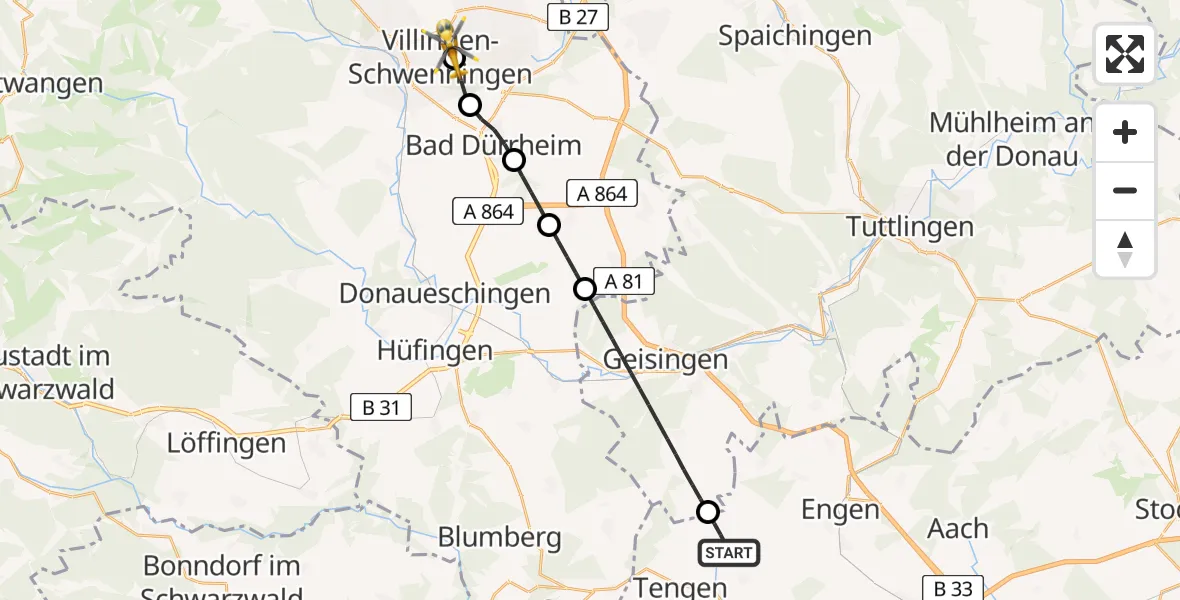 Flugroute Ambulanzhubschrauber Tengen - DRF Air Rescue Station Villingen-Schwenningen Hubschrauberlandeplatz (Christoph 11), 01 Juni 2026, 18:57