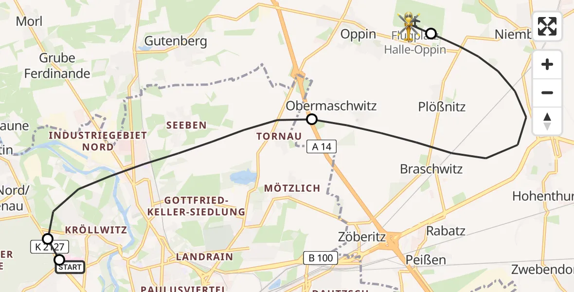 Flugroute Rettungshubschrauber Halle (Saale) University Hospital - Halle-Oppin Flugplatz, 01 Juni 2026, 19:01