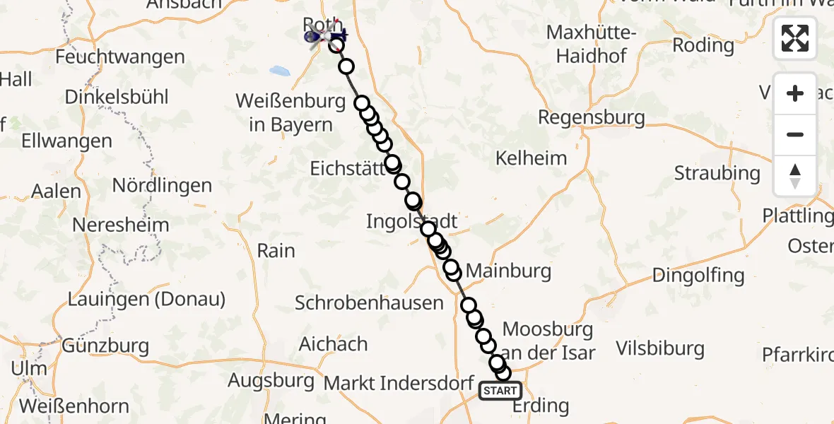 Flugroute Polizeihubschrauber München Flughafen - Flugplatz Roth, 01 Juni 2026, 19:02