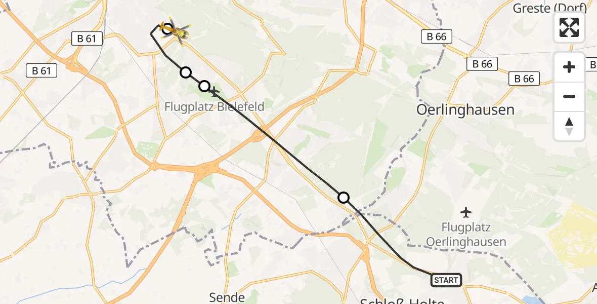 Flugroute Rettungshubschrauber Schloß Holte-Stukenbrock - Luftrettungszentrum Bielefeld, 01 Juni 2026, 19:05