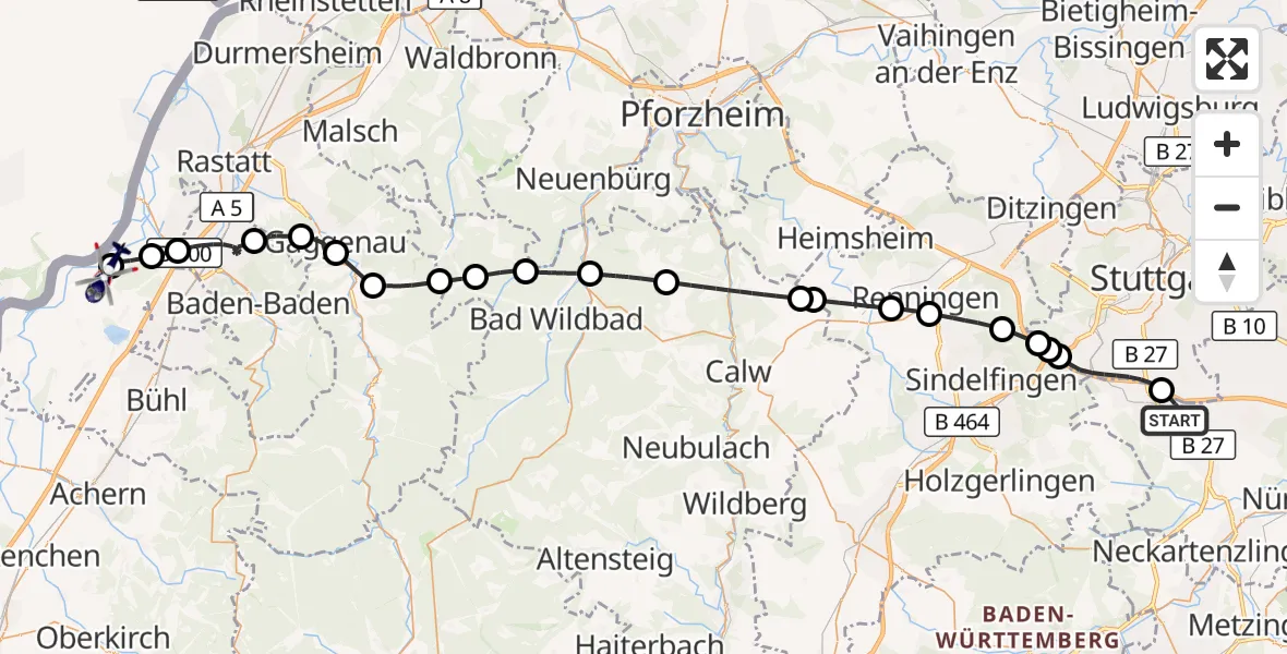 Flugroute Polizeihubschrauber Flughafen Stuttgart - Karlsruhe Baden-Baden Flughafen, 01 Juni 2026, 19:15