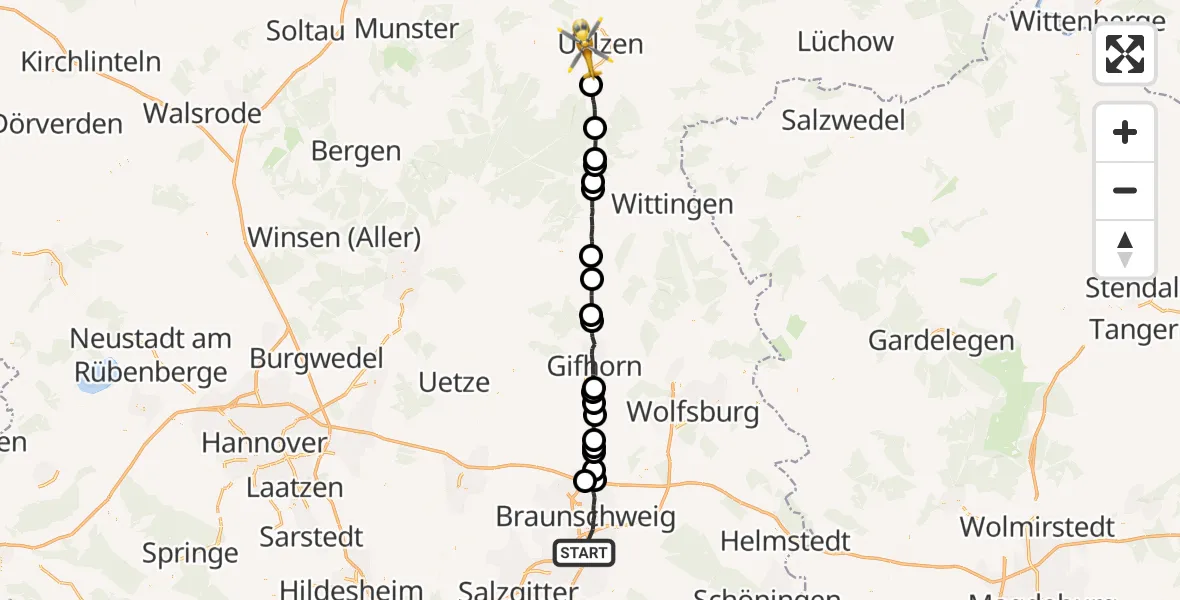 Flugroute Rettungshubschrauber Braunschweig - Uelzen, 01 Juni 2026, 19:18