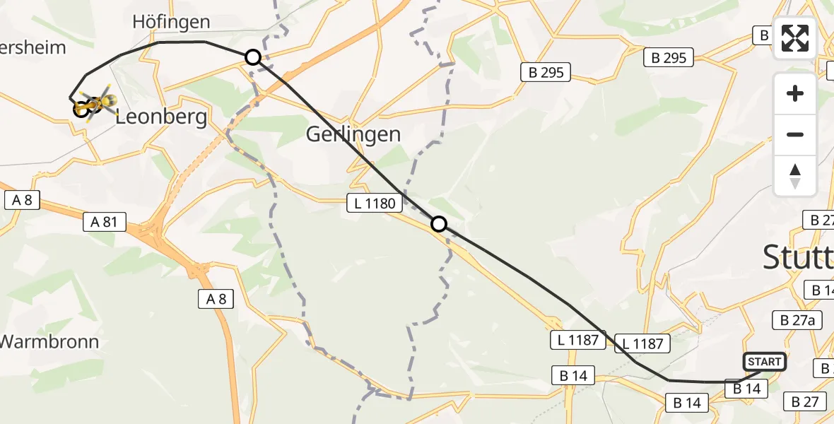 Flugroute Rettungshubschrauber Stuttgart - Leonberg Hospital, 01 Juni 2026, 19:21