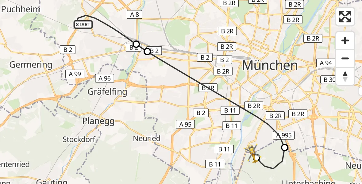 Flugroute Rettungshubschrauber München - ADAC Air Rescue Center Hubschrauberlandeplatz (Christoph 1), 01 Juni 2026, 19:23